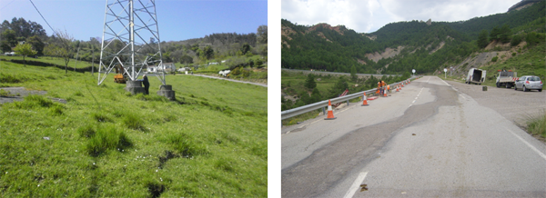 Grietas en un deslizamiento de ladera bajo Torre Eléctrica y en una Carretera Nacional y perfil tipo de un deslizamiento de ladera, afectando una carretera